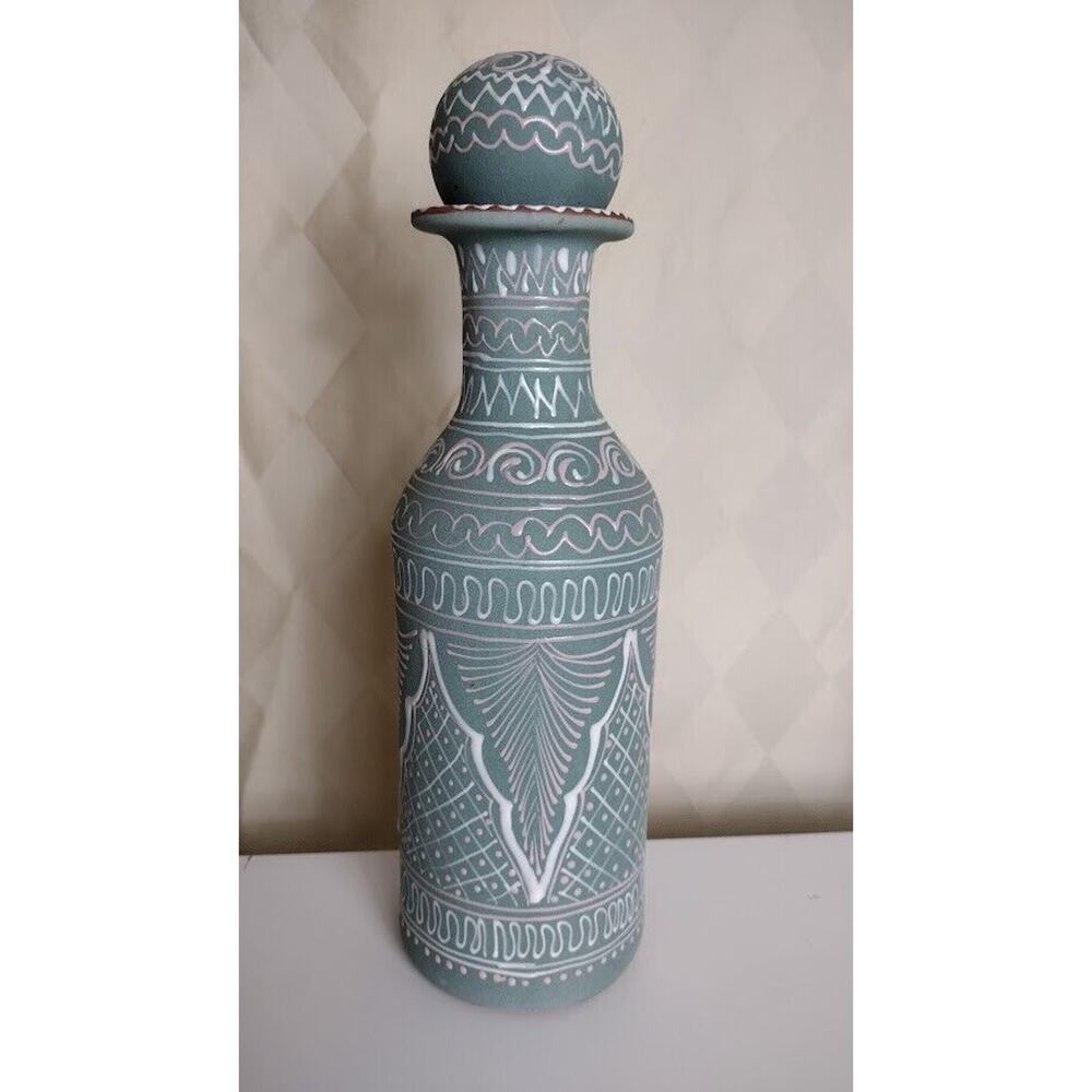 Vtg Barlop Clay Earthenware Pottery Decanter, Painted Terracotta, Made in Mexico